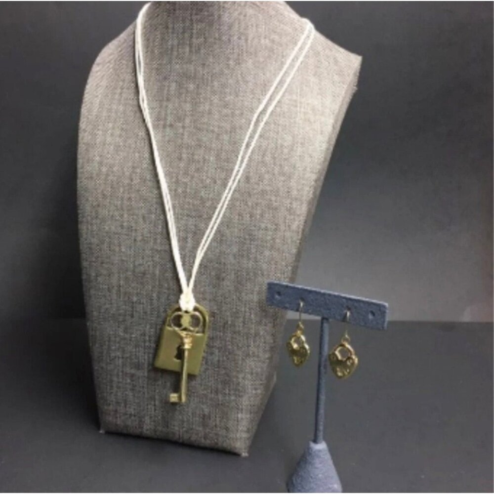 Lock Key Heart Necklace Earrings 20 In Gold White Cord Dangle Pierced Retro 80S